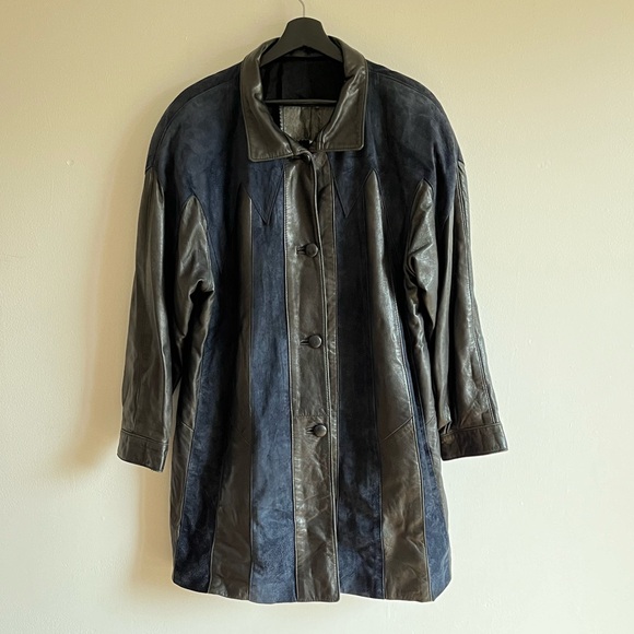 VINTAGE LEATHER SUEDE STRIPED TRENCH COAT LONG JACKET WESTERN BIKER UNISEX M L - Picture 2 of 11